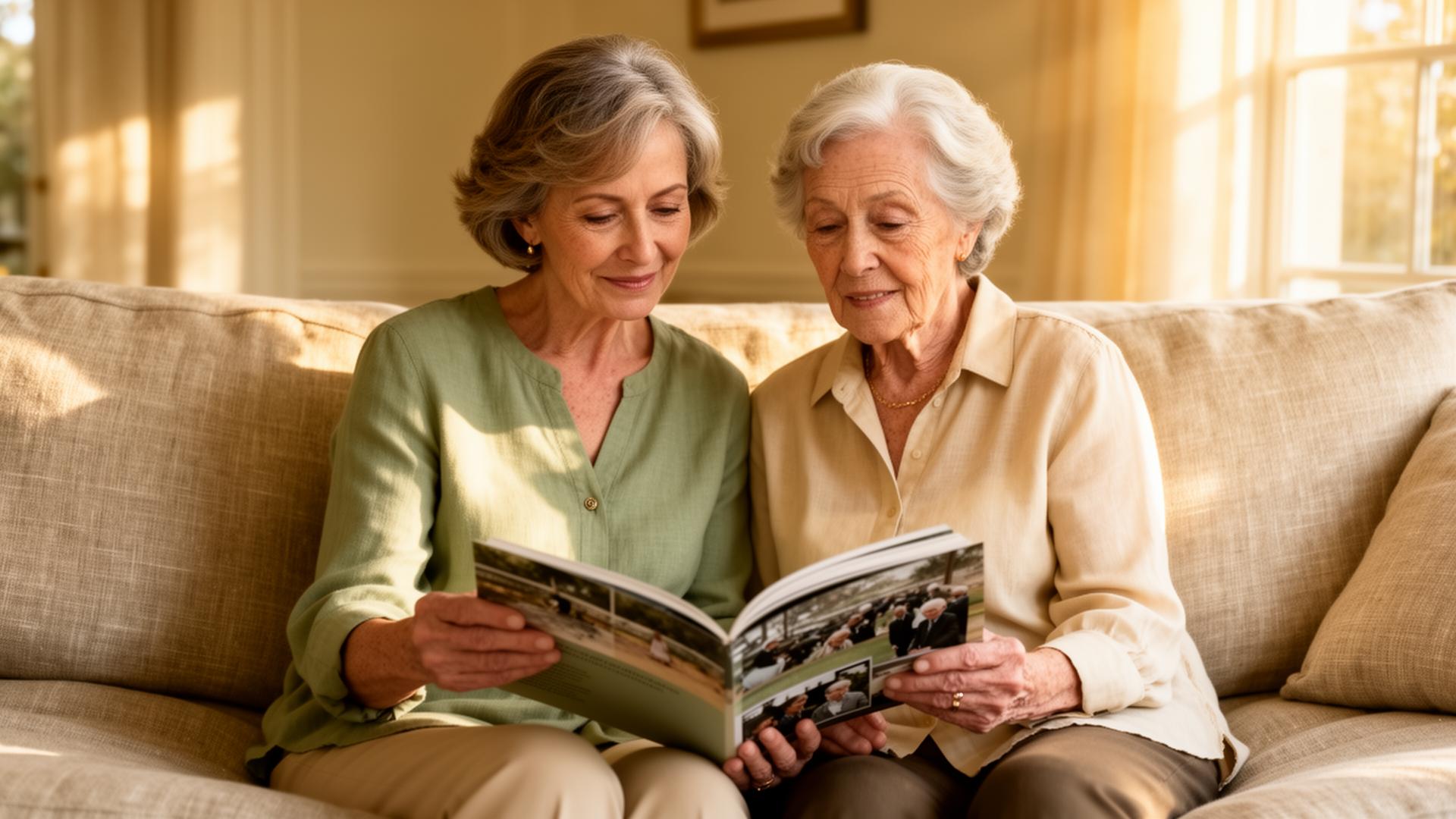 An adult daughter and her elderly mother looking through a photo album together in a sunlit living room